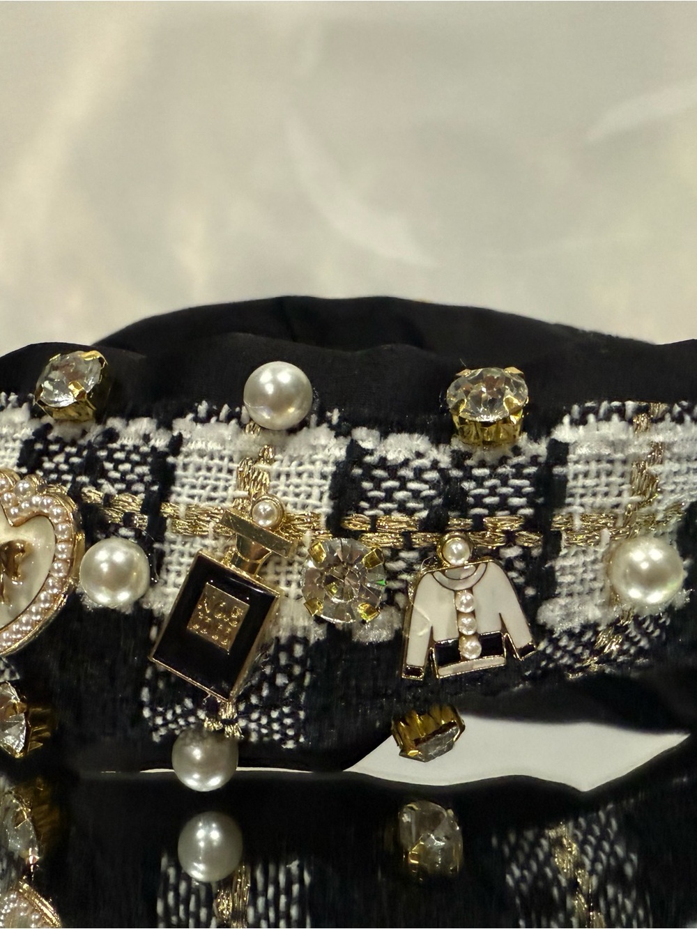 Embellished Black & White Tweed Headband with Pearls & Charms. - Picture 3 of 5